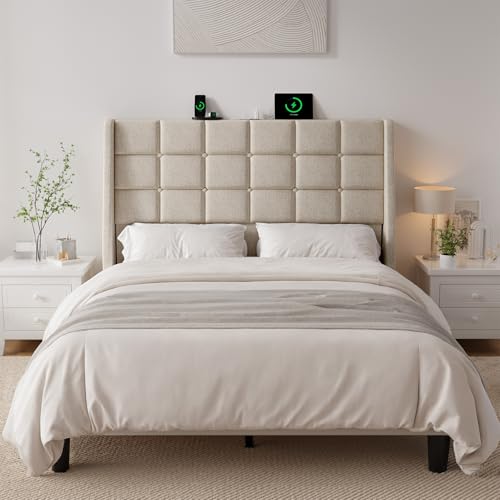 Ergonomic Upholstered Headboard Full Size w/Charging Station, Linen Wingback Headboards w/Storage Pocket, Full Headboard Only, Bed Frame Adapters, Sturdy Stable Solid Wood Bed Head Board, Beige - color: White Beige, size: Full