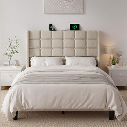 Ergonomic Upholstered Headboard Full Size w/Charging Station, Linen Wingback Headboards w/Storage Pocket, Full Headboard Only, Bed Frame Adapters, Sturdy Stable Solid Wood Bed Head Board, Beige - color: White Beige, size: Full