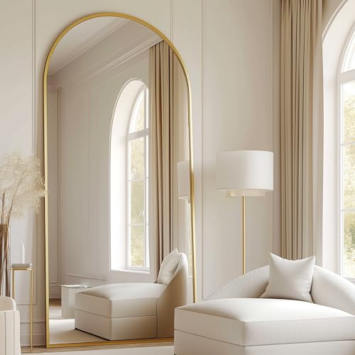 Full Length Mirror, 71''x30'' Floor Mirror with Stand, Arched Wall Mounted Mirror, Large Full Body Mirror with Aluminum Frame Hanging or Leaning for Bedroom, Living Room, Cloakroom (Gold) - color: Gold, size: 71"L x 30"W