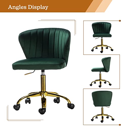 TINA'S HOME Office Desk Chairs with Wheels & Gold Base, Modern Velvet Cute Armless Office Chair, Adjustable Low Back Swivel Rolling Chair, Upholstered Task Chair for Living Room Vanity Study-Green | Modern Velvet Cute Armless Office Chair, Adjustable Low