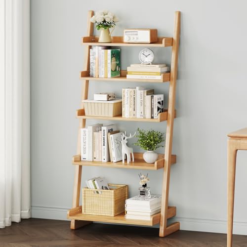 CozyDH Wooden Ladder Shelf,Natural Ladder Bookshelf Narrow 5-Tier,Ladder Shelf Bookcase Storage for Living Room, Bedroom, Home Office,23.6Dx15.7Wx55.1H - color: Natural