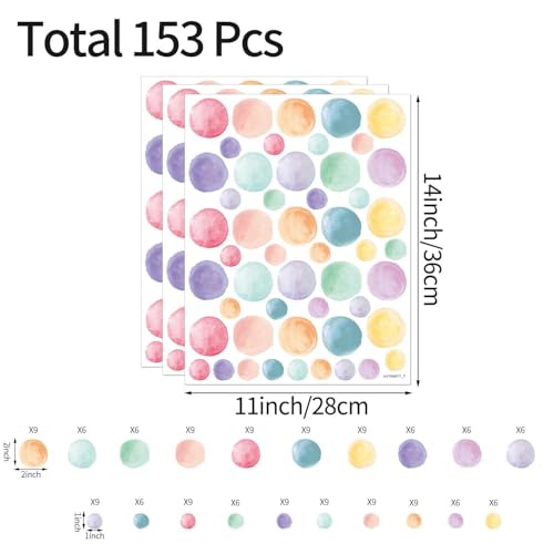 AOWDIAO 153 Pcs Watercolor Polka Dot Wall Decals Peel & Stick Vinyl Dots Stickers for Bedroom, Nursery, Playroom & Classroom Decor - style: Watercolor Polka Dot