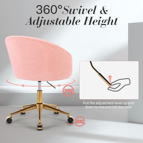 Faux Fur Makeup Vanity Chair,Home Office Desk Chair with Wheels, Blue | Fluffy Swivel Modern Armchair Upholstered Fuzzy Height Adjustable for Teens Women Girls Elegant for Living Room Bedroom - color: Round Pink+golden Base