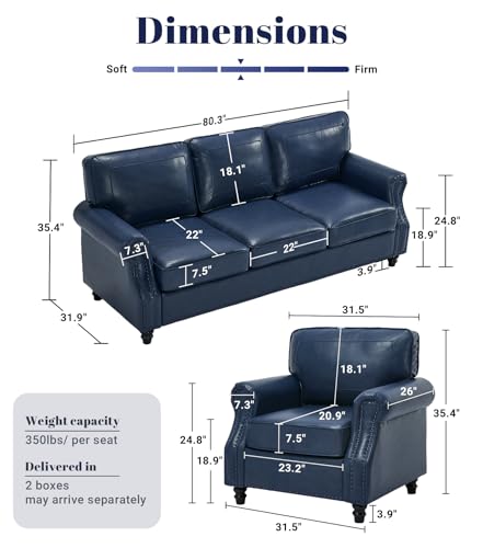 Mid-Century Modern Couch, Faux Leather Sofa Set, 3 Seater Couch for Living Room with Rolled arms & Nailhead Trim, Blue - color: Blue, size: PU Standard + Chair- New Type