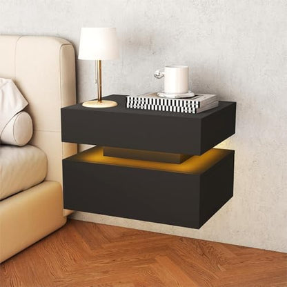 Floating Nightstand Set of 2,Modern Bedside Tables with LED Light for Bedroom,Small Night Stands with Drawers, Wall Mounted End SideTables Set for Living Room - color: Black