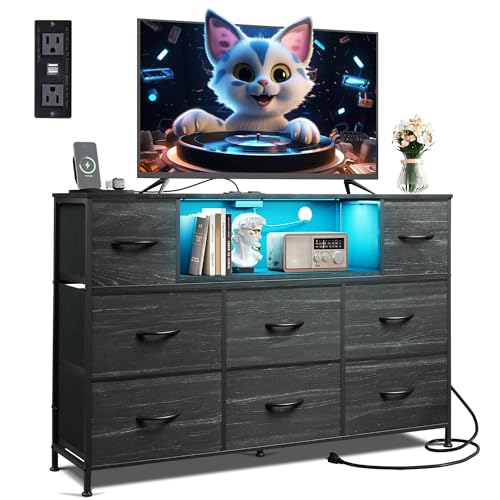 WLIVE Dresser TV Stand for 55 Inch TV, 8 Drawers, LED, Black Wood Grain | Fits TVs up to 55 inch, 8 fabric drawers, Built-in power outlet, Chest of drawers, Living room or bedroom - color: Charcoal Black Wood Grain