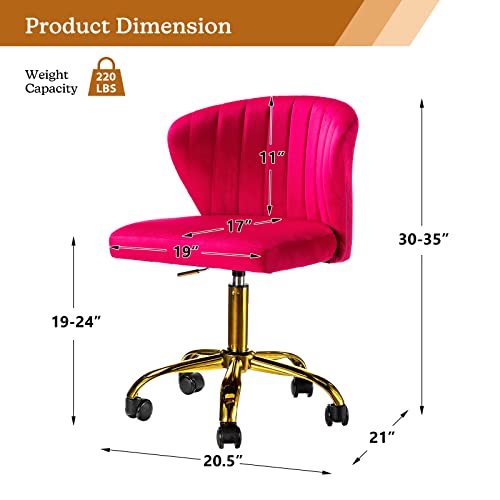 TINA'S HOME Office Desk Chairs with Wheels & Gold Base, Modern Velvet Cute Armless Office Chair, Adjustable Low Back Swivel Rolling Chair, Upholstered Task Chair for Living Room Vanity Study-Fushia | Modern Velvet Cute Armless Office Chair, Adjustable Low