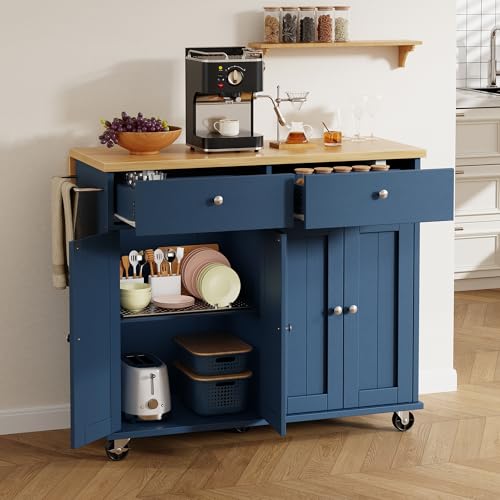Shintenchi Kitchen Island with Drop Leaf, Rolling Kitchen Cart with Storage on Wheels, Table Bar Cart for Kitchen with Towel Rack & Seating Area for Dining Room, Blue - color: Blue