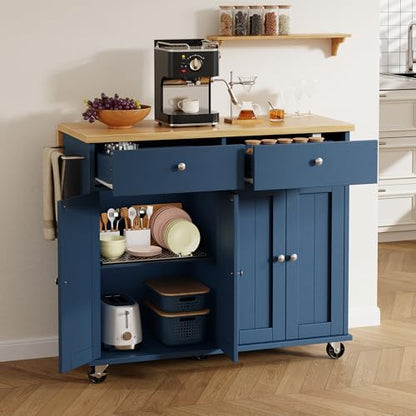 Shintenchi Kitchen Island with Drop Leaf, Rolling Kitchen Cart with Storage on Wheels, Table Bar Cart for Kitchen with Towel Rack & Seating Area for Dining Room, Blue - color: Blue