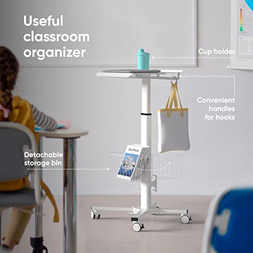 ONKRON Laptop Cart on Wheels, max 17.6 lbs, Portable Workstation, White | Rolling laptop desk with 29.7-45.2" height adjustment, locking wheels and storage basket; for home, office & school