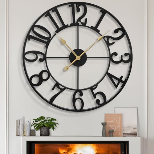 LEIKE Large Wall Clocks for Living Room,Silent,Non Ticking,Battery Operated Oversized Vintage Round Modern Metal Wall Clock for Bedroom,Farmhouse,Office Home Decor-24 Inch(Black-Arabic Number) - color: Black Metal-arabic Number, size: 24 IN