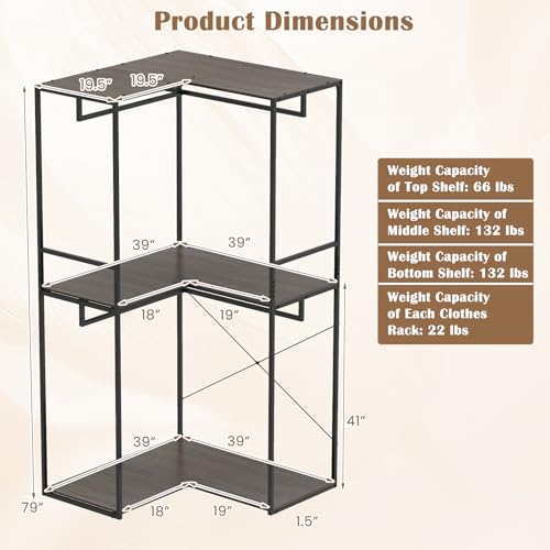 GIANTEX Heavy Duty Clothes Rack, 3-Tier L-Shaped Garment Rack w/3 Open Shelves & 2 Hanging Racks, Anti-Tippling Devices, Industrial Freestanding Closet Organizer for Bedroom, Living Room & Laundry