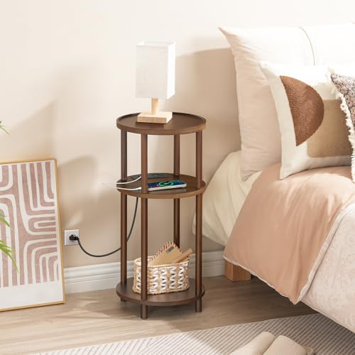 HOOBRO Small Round Side Table with Charging Station, 3-Tier Round Bamboo End Table, Compact Sofa Bedside Table for Small Space, Easy Assembly, for Living Room, Bedroom, Apartment, Mocha MA152UBZ01 - color: Mocha