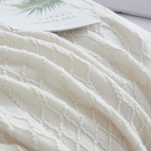 KASYLAN Acrylic Knitted Throw Blanket for Sofa Bed 50x60 Inch Off White | Ultra soft acrylic knit, lightweight warm, multi-scene for sofa couch bed, machine washable, breathable textured throw - color: Rhombu-off White