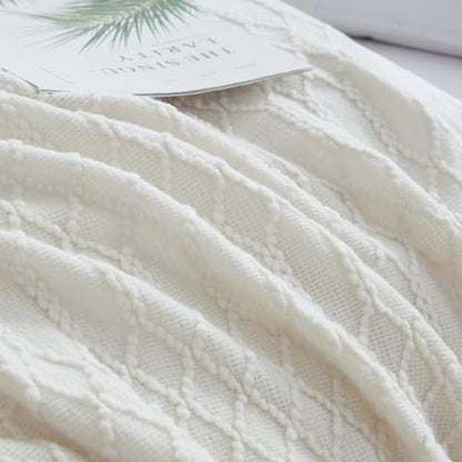 KASYLAN Acrylic Knitted Throw Blanket for Sofa Bed 50x60 Inch Off White | Ultra soft acrylic knit, lightweight warm, multi-scene for sofa couch bed, machine washable, breathable textured throw - color: Rhombu-off White