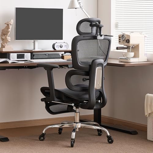 Office Chair with Footrest, Ergonomic Chair with Neck Pillow & Rubber Wheels, Computer Chair with Adjustable Backrest & 3D Armrests Headrest, Gaming Chair Adaptive Lumbar Support, Black - color: Black, style: Pro