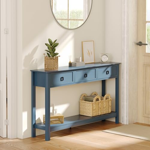 Treocho 53.1" Console Table with 3 Drawers, Sofa Table Behind Couch, 2 Tier | Long Entryway Table with Storage, Modern, For Hallway, Living Room, Blue - color: Blue