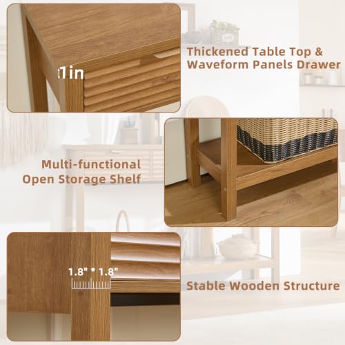 LEYAOYAO 47.2" Fluted Console Table with 3 Drawers, Brown Entryway Table | Modern Wood 2 Tier Entry Table, with Open Storage Shelf, Farmhouse Sofa Table Behind Couch, for Living Room, Hallway, Foyer - color: Tea Brown