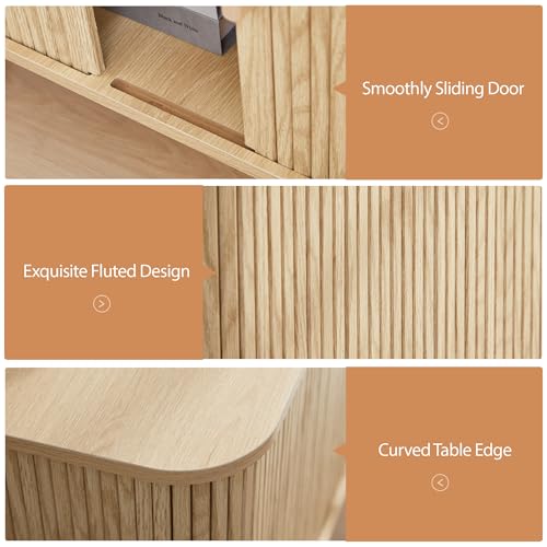 24" Large Square End Table with Charging Station, Farmhouse Fluted Sofa Side Table with Sliding Tambour Door & Storage, Curved Rustic Wood Nightstand for Living Room, Bedroom, Natural - color: Natural