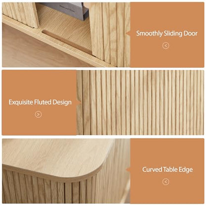 24" Large Square End Table with Charging Station, Farmhouse Fluted Sofa Side Table with Sliding Tambour Door & Storage, Curved Rustic Wood Nightstand for Living Room, Bedroom, Natural - color: Natural