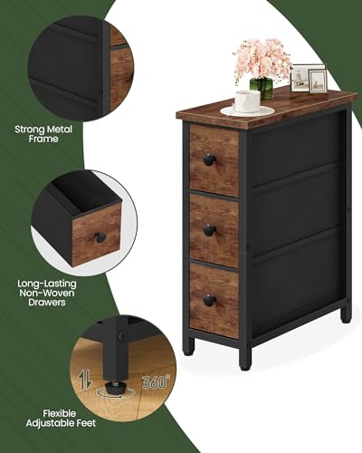 Narrow Side Table with 3 Fabric Drawers, Industrial Slim Bedside Table for Small Spaces, Bedroom, Living Room, Dormitory, Rustic Brown and Black TBZ09BF - color: Rustic Brown + Black