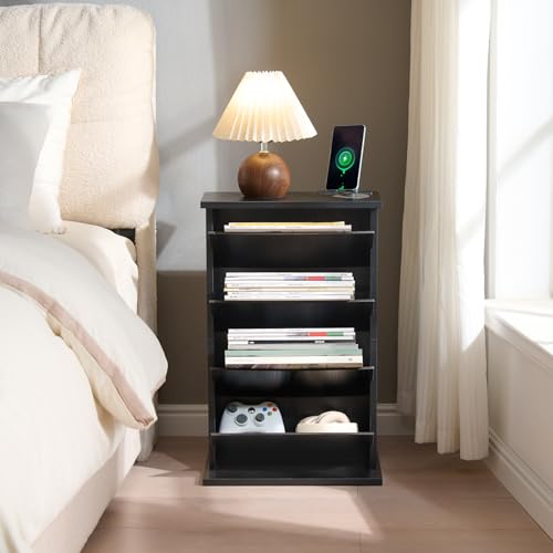 Narrow Side Table with Charging Station Slim End Table with Magazine Book Holder Organizer Rack & Storage Bag, Small Space Skinny Thin Nightstand Couch Sofa Bed Side Table for Bedroom, Living Room