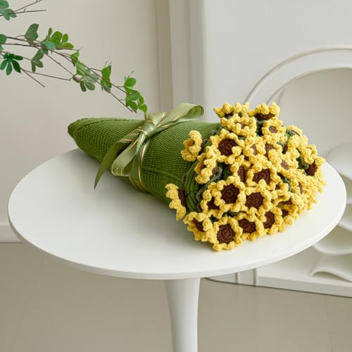 Crochet Flower Bouquet Throw Blanket, Handmade Knitted Blanket with Sunflower, Cute Romantic Gift for Her Girlfriend Mom Mother’s Day Valentine Wedding Anniversary Birthday (Without Packaging Bag) - color: Sunflower, size: 32 Inches