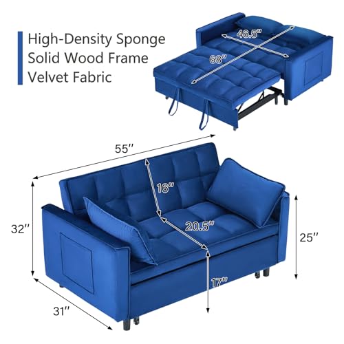 3 in 1 Convertible Sleeper Sofa Bed, Velvet Loveseat Futon Pull-Out Couch with Adjustable Reclining Backrest, Side Pockets and Pillows for Living Room, Bedroom, Apartment, Small Spaces (Blue-Velvet) - color: Blue-velvet