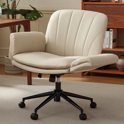 Dowinx Criss Cross Chair with Five-Level Adjustable Arms and Wheels - Comfortable Ergonomic PU Leather Swivel Vanity Chair - Computer Makeup Gaming Chair for Home Office, Bedroom, Vanity Room (Cream) - color: Cream
