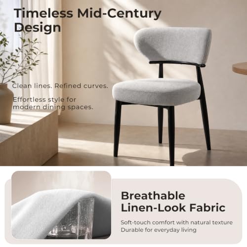 Dining Chairs Set of 2, Modern Upholstered Fabric Dining Chairs | Thick Padded Seat, Textured Fabric, Curved Back, Metal Frame, Dining Room, Kitchen, Breakfast Nook, Restaurant, Soft Gray - color: Soft Gray, size: Set of 2