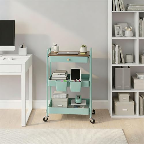 3 Tier Rolling Cart, All-in-One Art Cart Organizer on Wheels for Kitchen, Bathroom, Office, Laundry - color: Green