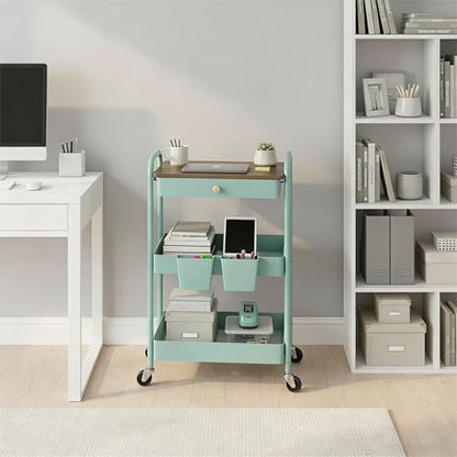 3 Tier Rolling Cart, All-in-One Art Cart Organizer on Wheels for Kitchen, Bathroom, Office, Laundry - color: Green