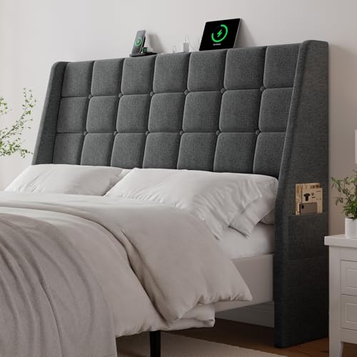 Ergonomic Upholstered Headboard Queen Size w/Charging Station, Linen Wingback Headboards w/Storage Pocket, Queen Headboard Only, Bed Frame Adapters, Sturdy Stable Solid Wood Bed Head Board, Dark Grey - color: Dark Grey, size: Queen