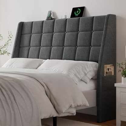 Ergonomic Upholstered Headboard Queen Size w/Charging Station, Linen Wingback Headboards w/Storage Pocket, Queen Headboard Only, Bed Frame Adapters, Sturdy Stable Solid Wood Bed Head Board, Dark Grey - color: Dark Grey, size: Queen