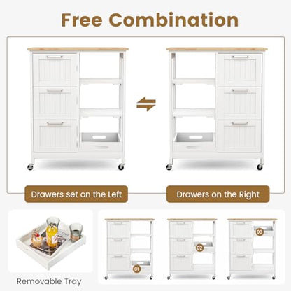 COSTWAY Kitchen Storage Island Cart on Wheels, Kitchen Rolling Trolley Cart | with 3 Drawers and Shelves, 360° Wheels & Detachable Tray, Kitchen Island for Dining Room, Living Room & Bedroom - color: White