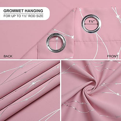 SMILE WEAVER Pink Blackout Curtains for Living Room 72 inch Length 2 Panels,Room Darkening Girls Bedroom Curtains,Silver Printed Design Soft Thick Thermal Insulated Grommet Window Drapes - color: Pink Silver, size: 52"W x 72"L (Pack of 2)