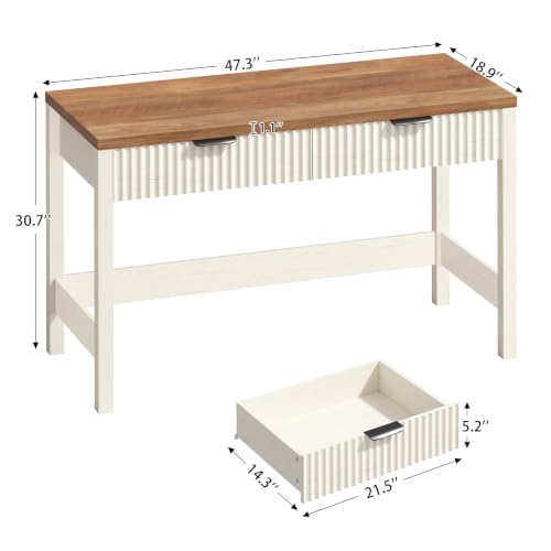 47 Inch Small Fluted Computer Desk with 2 Drawers for Bedroom, Home Office | Small Computer Desk with Storage, Compact Writing Study Desk for Small Spaces - color: Antique White, size: 47-Inch Desk