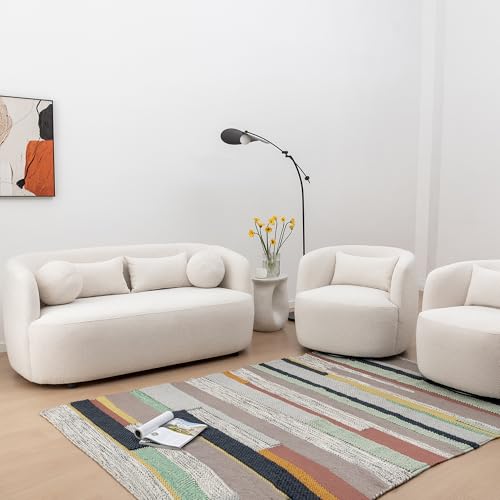 KINWELL 68" Boucle Upholstered Loveseat with 4 Toss Pillows, Beige | No Assembly Deeper 2-Seater Sherpa Couch Settee Love Seat Sofa with 3 Height Options for Small Spaces Apartment Living Room - color: Beige, size: Loveseat