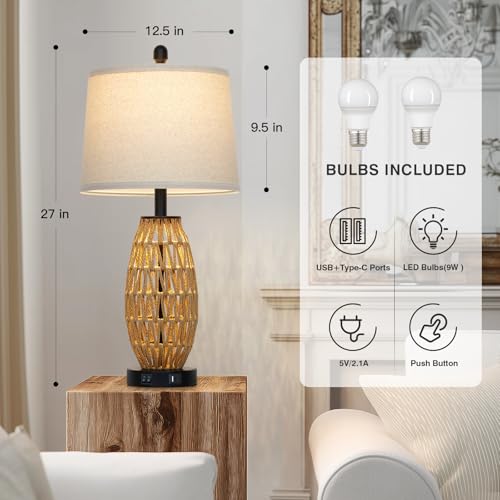 CINSARY 27" Rattan Table Lamps Set of 2, Boho Bedside Lamp for Bedroom with Night Light, Coastal Woven Wicker Nightstand Lamps with USB A+C Charging Port, Tall Farmhouse Living Room Lamp - color: Rattan