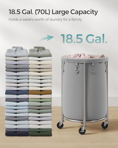 SONGMICS 18.5-Gallon (70 L) Laundry Basket with Wheels, Rolling Round Heavy-Duty Laundry Hamper Cart with Steel Frame and Removable Bag, 2 Locking Wheels, Gray and Metallic Silver URLS006G01 - color: Gray + Metallic Silver, size: 70 L (1-Section)
