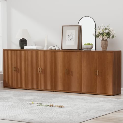 94.6" Walnut Fluted Sideboard Buffet Cabinet with Storage and 8 Doors, Mordern Credenza Storage Cabinet with Adjustable Shelves, Media Console Table, for Living Room Dinning Kitchen(2 PCS) - color: Walnut, size: 2 Pieces