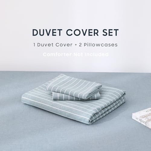 Wake In Cloud - Striped Cotton Duvet Cover Set, Ticking Stripe Vertical Pinstripe Farmhouse, 100% Washed Cotton Textured Bedding Set, 3 Pieces, Blue, Full Size - color: Blue, size: Full
