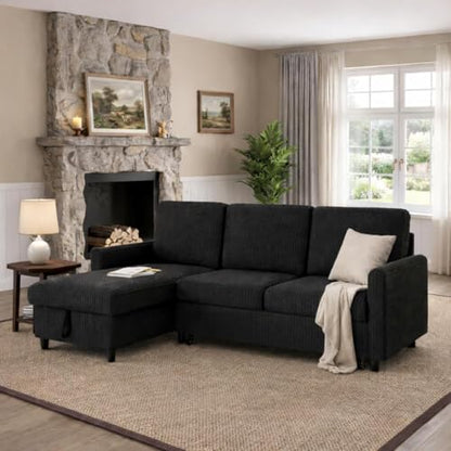 77" Pull Out Sleeper Sofa Bed with Storage Chaise, L-Shaped Corduroy Sectional Couch, 3-Seater Convertible Sofa Bed for Small Space, Apartment & Guest Room, Pet-Friendly & Easy Assembly, Black