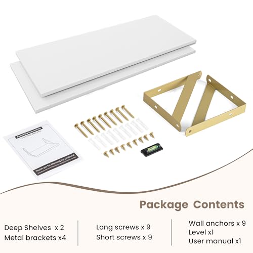 Dreamland Wall Mounted Floating Shelves Set of 2, 24x8, White&Gold | Engineered Wood, Visible Bracket, Large Storage, Hold Up to 45lbs, Living Room, Bathroom, Bedroom, Kitchen - color: White&gold, size: 24"W x 8"D