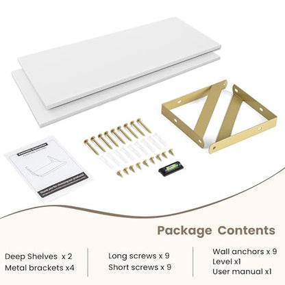 Dreamland Wall Mounted Floating Shelves Set of 2, 24x8, White&Gold | Engineered Wood, Visible Bracket, Large Storage, Hold Up to 45lbs, Living Room, Bathroom, Bedroom, Kitchen - color: White&gold, size: 24"W x 8"D