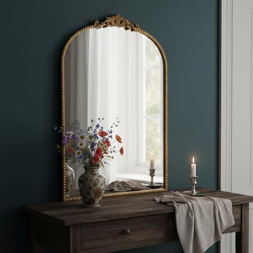 Vintage Baroque Arched Wall Mirror 36"x24", Gold Ornate Antique French Traditional Decor Mirror for Entryway Living Room Fireplace (Gold Metal,36" x 24") - color: Gold Metal, size: 36"L x 24"W