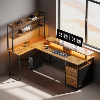 L Shaped Gaming Desk, Reversible with LED Lights, Shelves, Brown | Reversible, LED lights, Charging, Monitor stand - color: Rustic Brown2