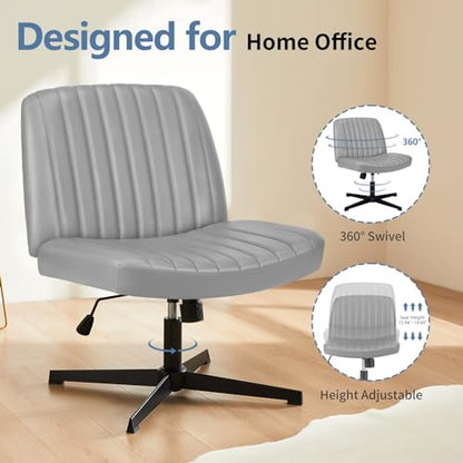 DUMOS Criss Cross Chair No Wheels, Wide Seat Cross Legged Office Desk Vanity Chair, Faux Leather Armless Height Adjustable Swivel Task Computer Chairs for Home, Study, Grey PU - color: Grey Pu