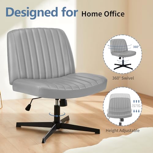 DUMOS Criss Cross Chair No Wheels, Wide Seat Cross Legged Office Desk Vanity Chair, Faux Leather Armless Height Adjustable Swivel Task Computer Chairs for Home, Study, Grey PU - color: Grey Pu