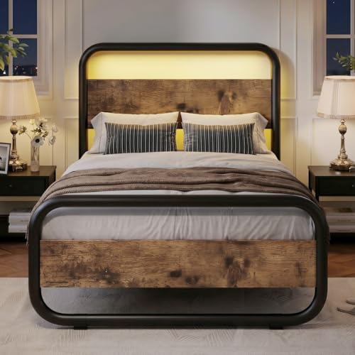 Twin Bed Frames, Metal Platform Twin Bed Frame with Wood Headboard, Brown | RBG LED Lights/Heavy Duty Metal Slats Support/12 in Under-Bed Storage/Noise-Free/No Box Spring Needed/Easy Assembly - color: Rustic Brown, size: Twin